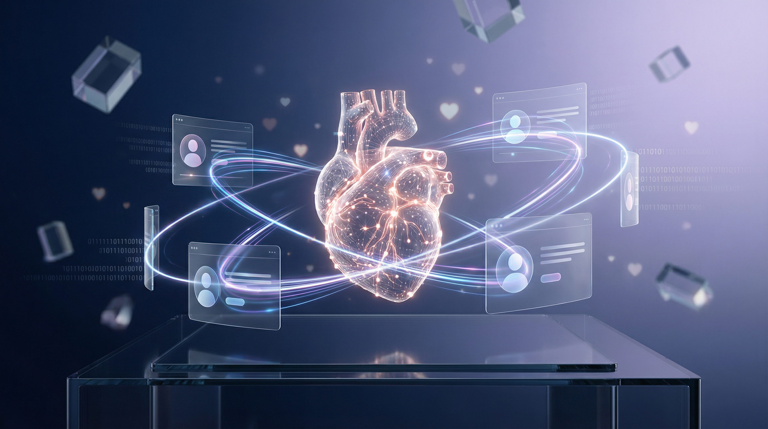 バチェラーデートのAIマッチングシステム - デジタルネットワークとハートが融合した近未来的イメージ