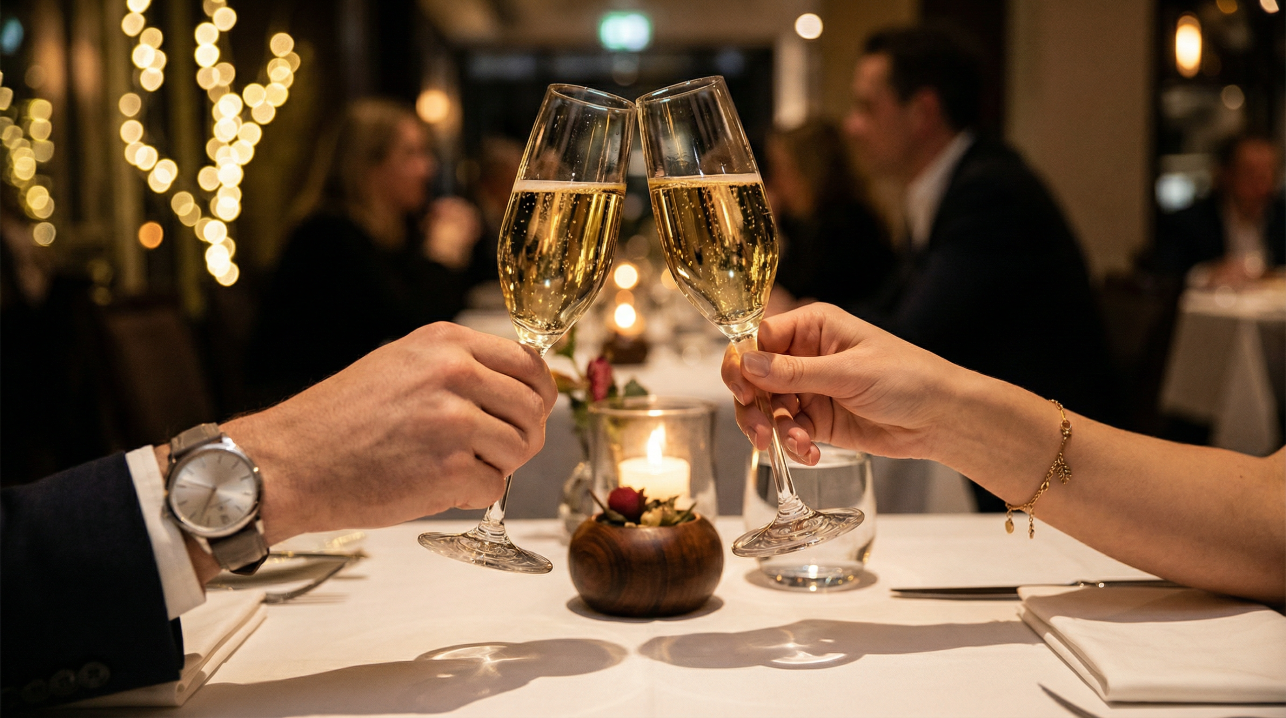 高級レストランで乾杯する成功カップル - バチェラーデートの成功イメージ